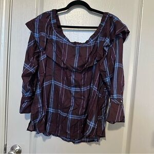 Plaid Ruffle Women's Top Loft Womens Large Dark Purple/Blue Holiday Casual